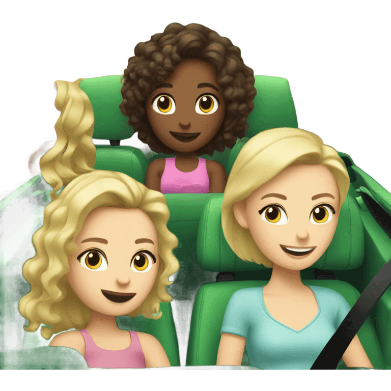 2 Caucasian blonde and 2 Caucasian brunette girls in a green convertible volkswagen  emoji