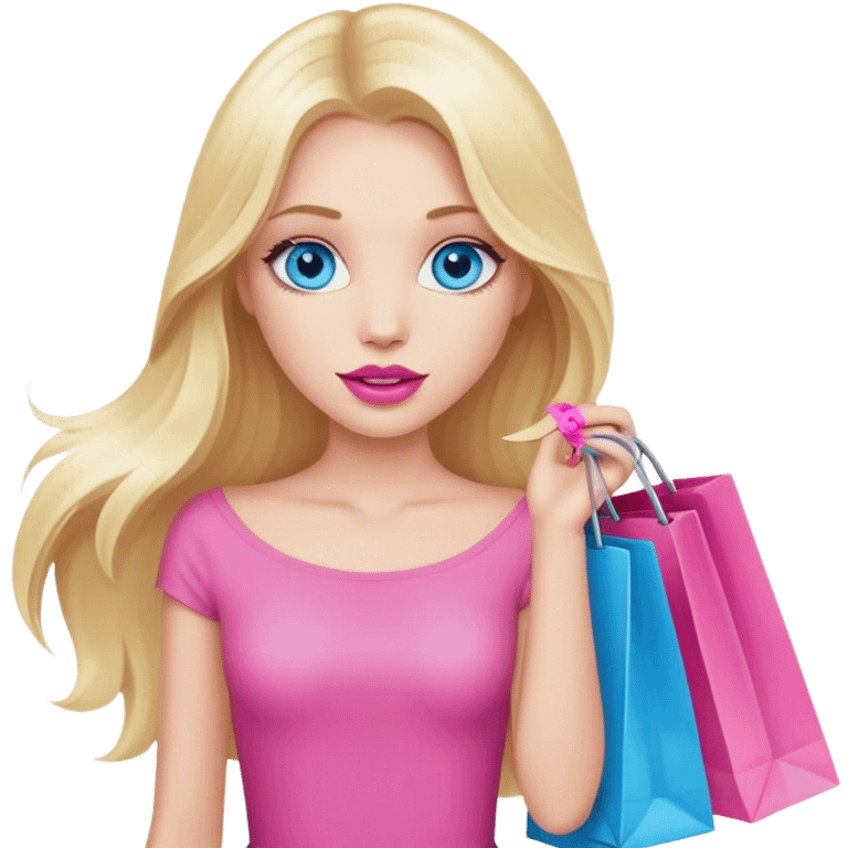 Cinematic realistic blonde with long hair, blue eyes and pink lips holds shopping bags in her hands emoji