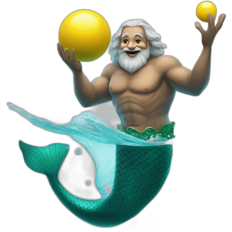 Underwater happy old and bold man mermaid swimming, holding a small yellow ball, winning enthousiasm emoji