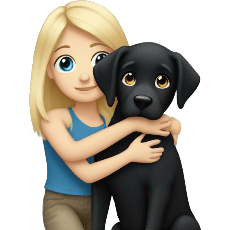 Blonde haired blue eyed girl hugging black lab emoji