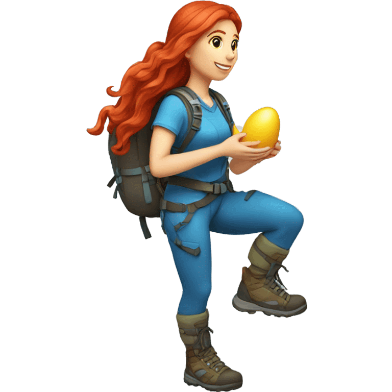 Female mountain climber long red hair climbing with Greek flag on backpack and holding Easter eggs basket emoji