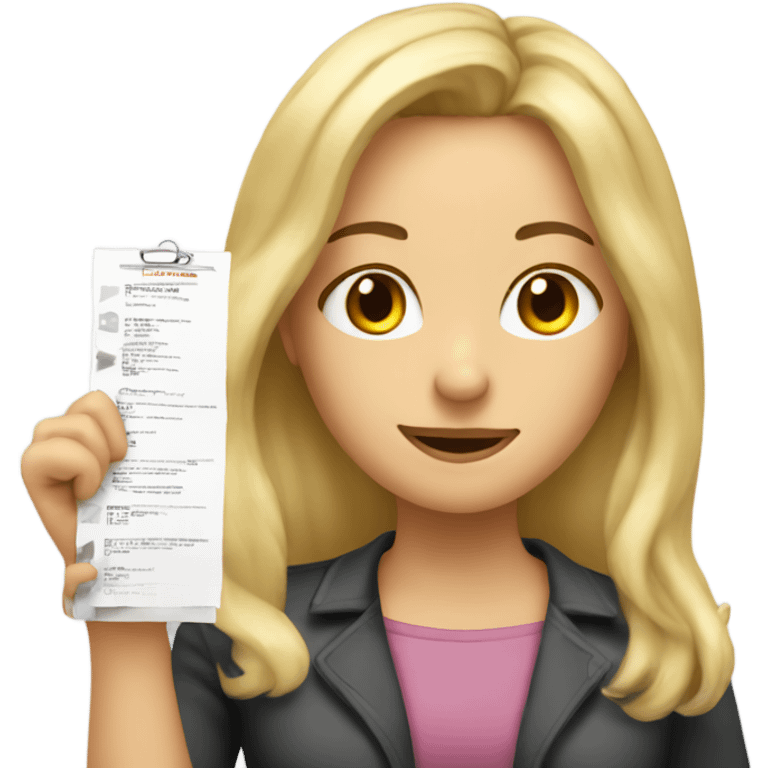 Blonde woman, long hair, holding a completed checklist celebrating  emoji