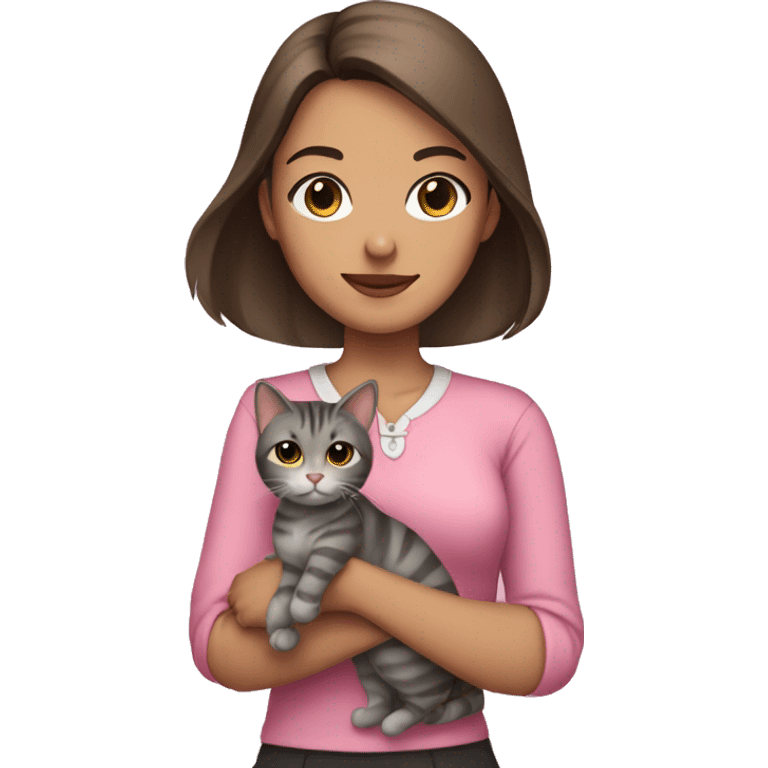 Brunette girl with straight hair in a pink blouse, holding a gray, striped, brown-eyed cat with a bow in her arms emoji