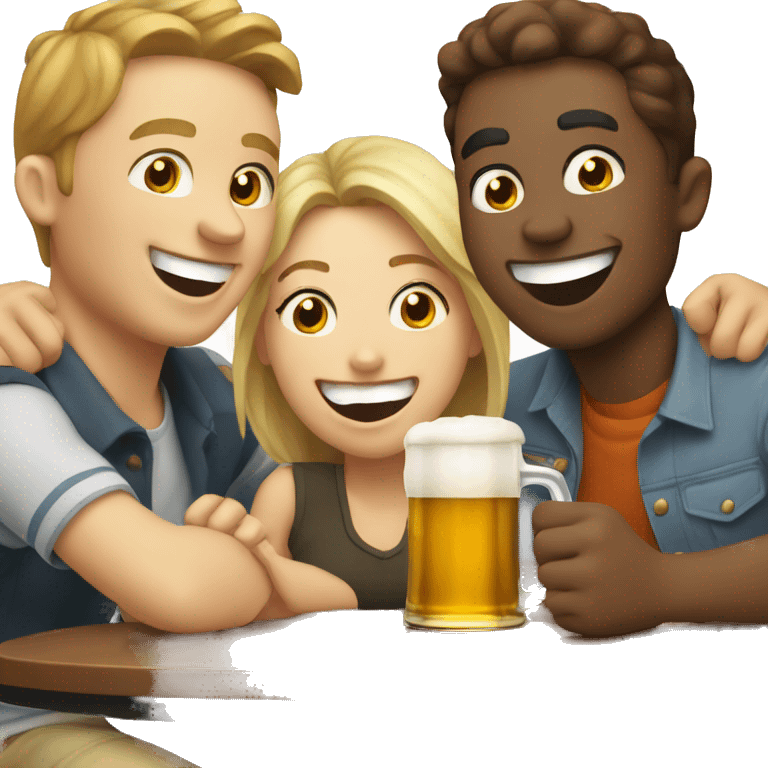 3 white people laughing around a table with beer on it emoji