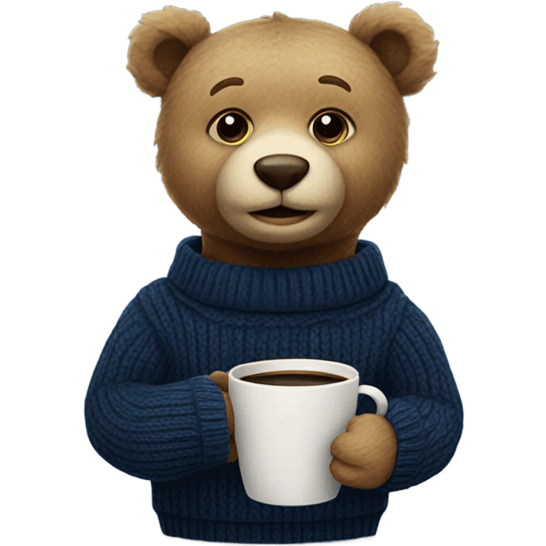 teddy bear wearing a navy sweater and holding a coffee cup emoji