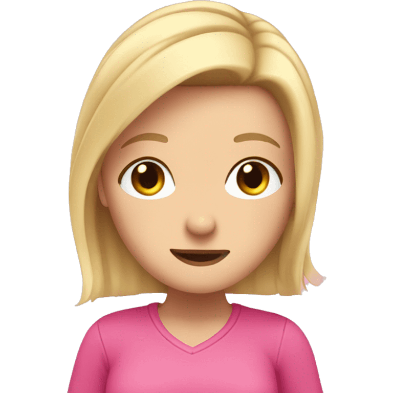 white girl with blonde hair and brown eyes wearing pink clothes doing a dab emoji