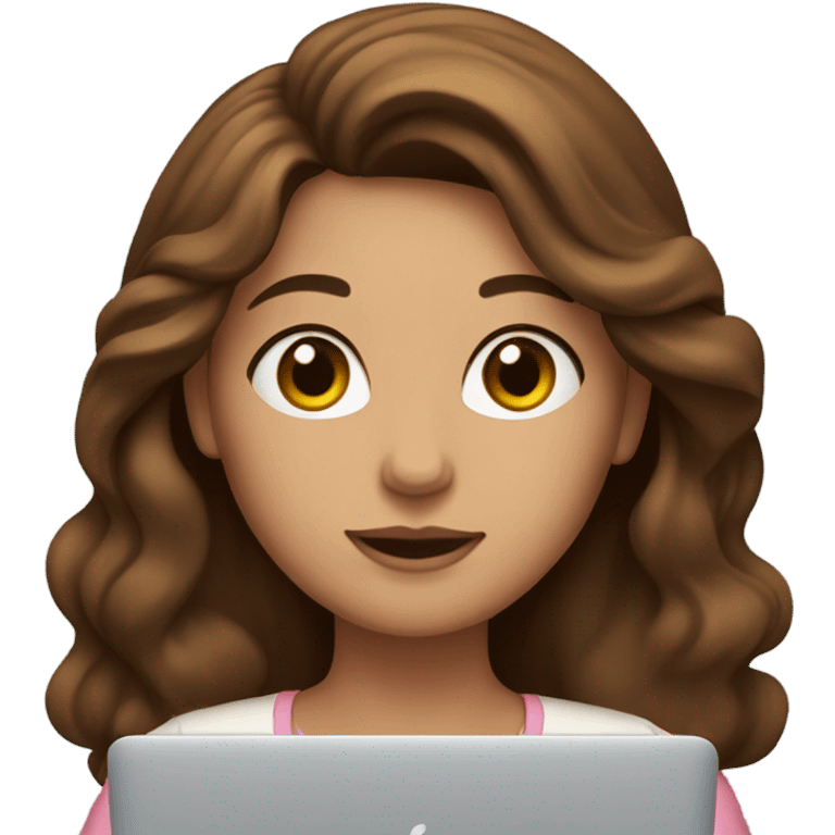 a woman with brown long wavy hair and brown eyes and white skin with macbook emoji