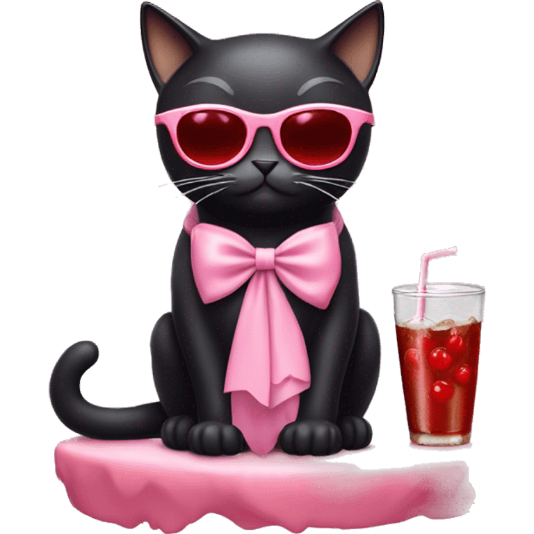 A black cat wearing a little light pink bow, red oval sunglasses, and drinking a cherry cola  emoji