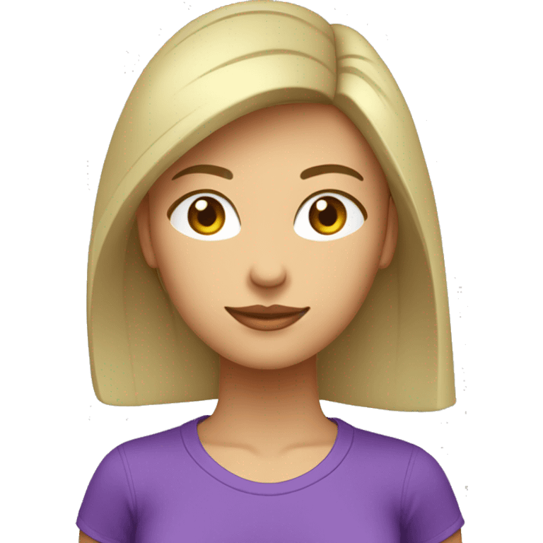 Femme aux cheveux longs châtains lisse avec peau claire avec les yeux verts et avec un t-shirt violet emoji