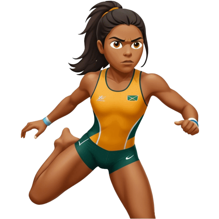 Cinematic Realistic portrait of Cathy Freeman, shown as an iconic Australian athlete with a focused, determined expression and modern athletic attire accented with subtle native motifs, rendered in dynamic, vibrant lighting emoji