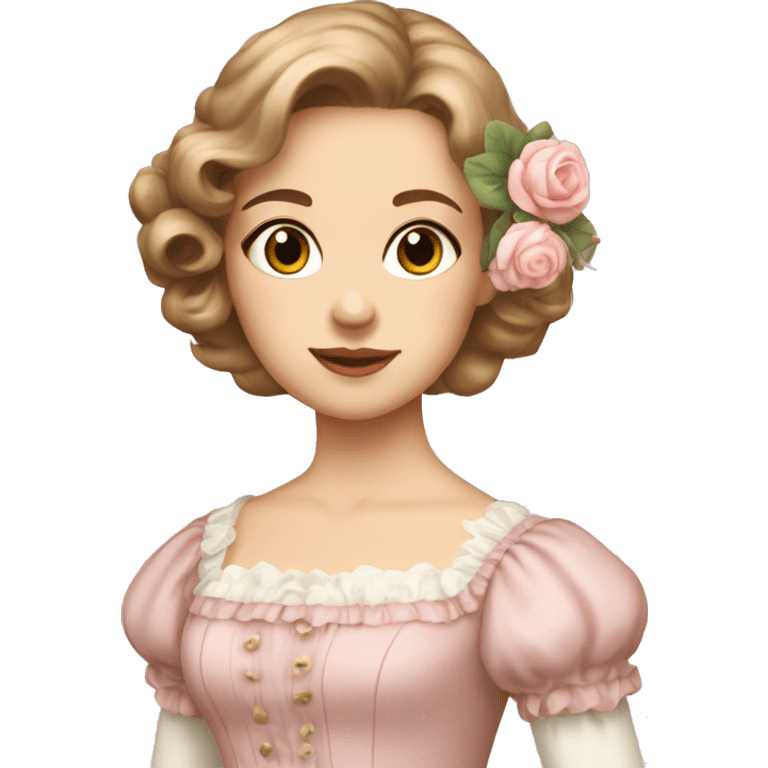 Girl with light brown hair in a regency style light pink dress with flower pattern regency hairstyle  emoji