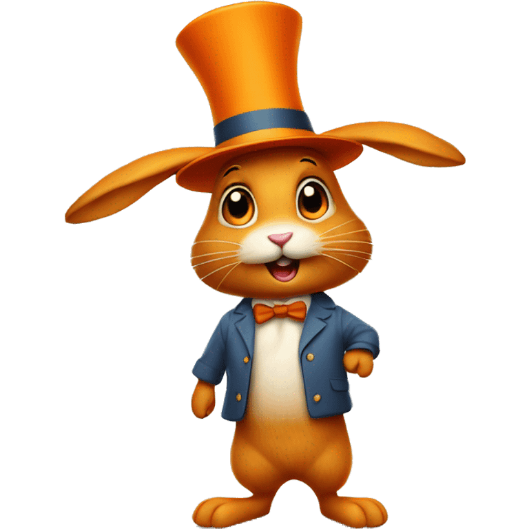 orange rabbit stands on two legs with hat emoji