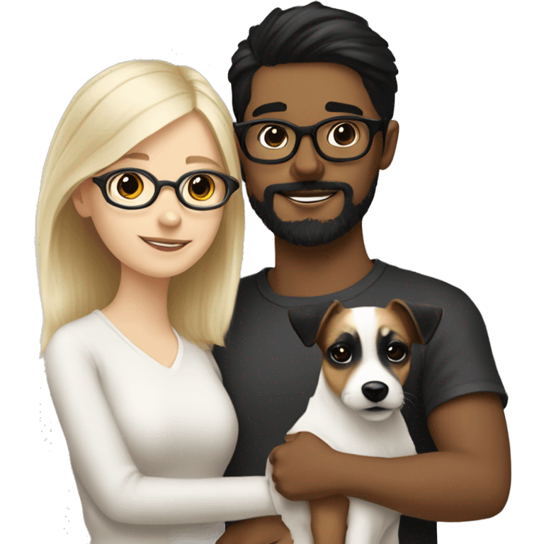 A White blonde girl and a white boy with black hair, glasses, a little Beard and moustache, both cuddling a jack Russell emoji