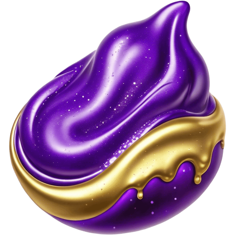 Cinematic Realistic Shiny Slime Mixed with Glitter, thick and glossy with swirling metallic flecks suspended inside, a dynamic mix of deep purple and golden sparkles, light catching every shimmer, flowing smoothly with realistic folds and ripples, glowing with an enchanting, almost liquid-metal effect. emoji