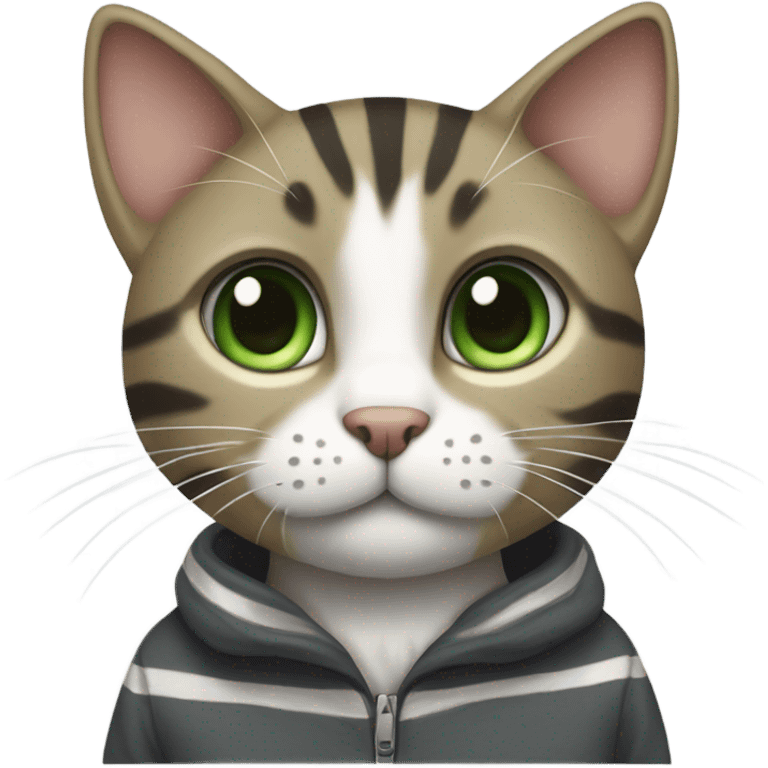 A tabby cat with a white chest and paws, large green eyes, and perked ears. It has a sleek, striped coat with a mix of dark gray and white tones. emoji