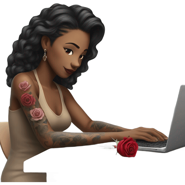 Hyper Realistic beautiful woman model with a small rose tattoo typing on a laptop  emoji