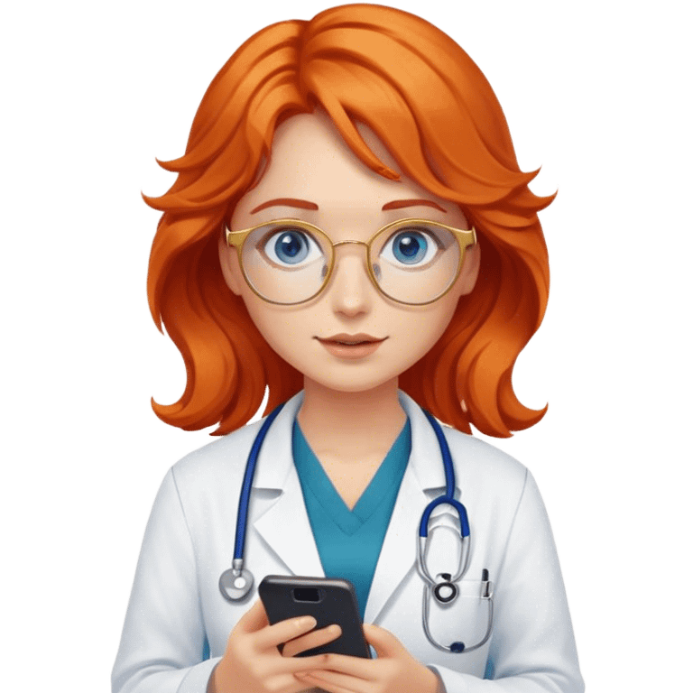 Girl doctor wavy orange red hair blue eyes in gold glasses and phone  emoji