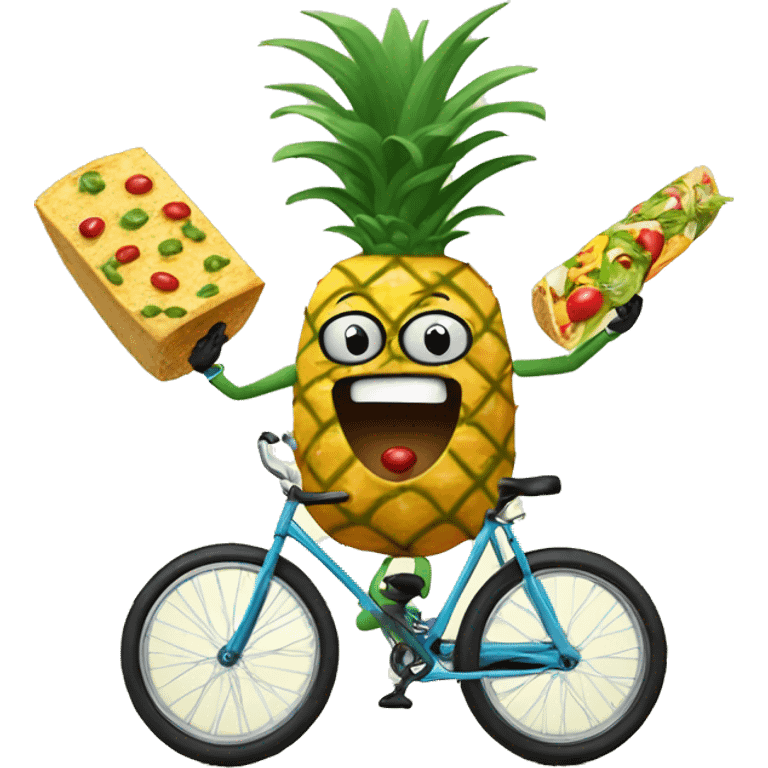 A pineapple with googly eyes, wearing a monocle, riding a unicycle while juggling tacos. emoji