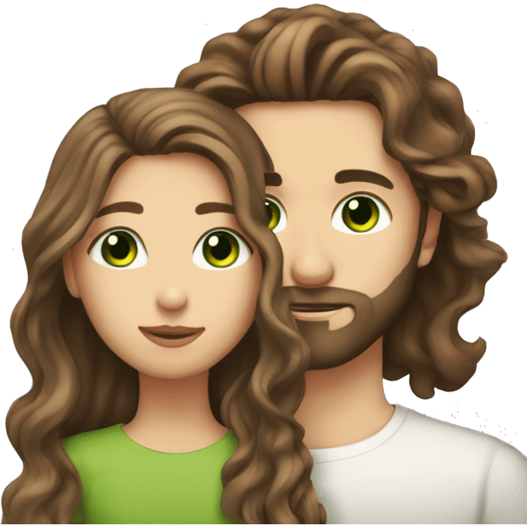 Girl with brown long wavy hair and green eyes kissing man with brown hair and beard with brown eyes emoji