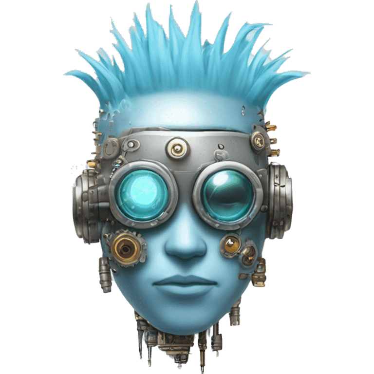 Pastel blue Mohawk cyborg head with silver steampunk goggles and circuits emoji