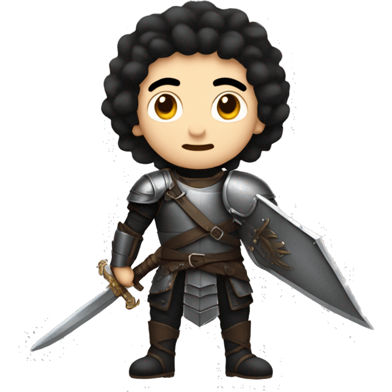 white guy with black hair and leather armor with a big sword  emoji