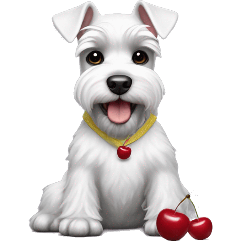 White fun mini schnauzer in pants with cherries emoji