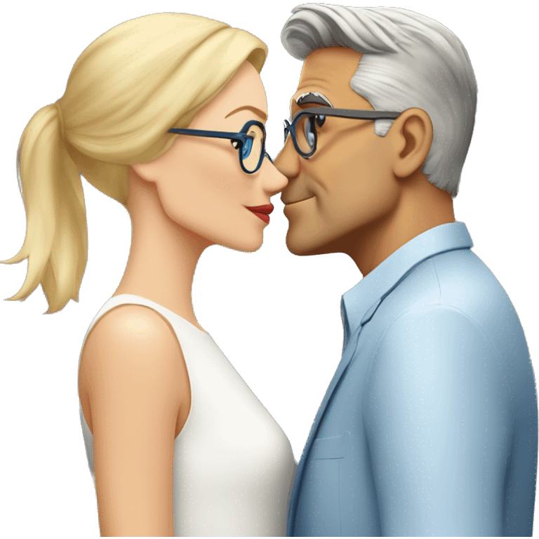 blonde woman with blue eyes and glasses kissing George Clooney cheek emoji