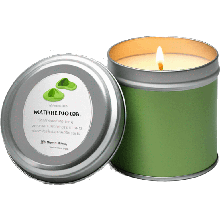 realistic, lit matcha scented candle, silver tin, small white label, text emoji