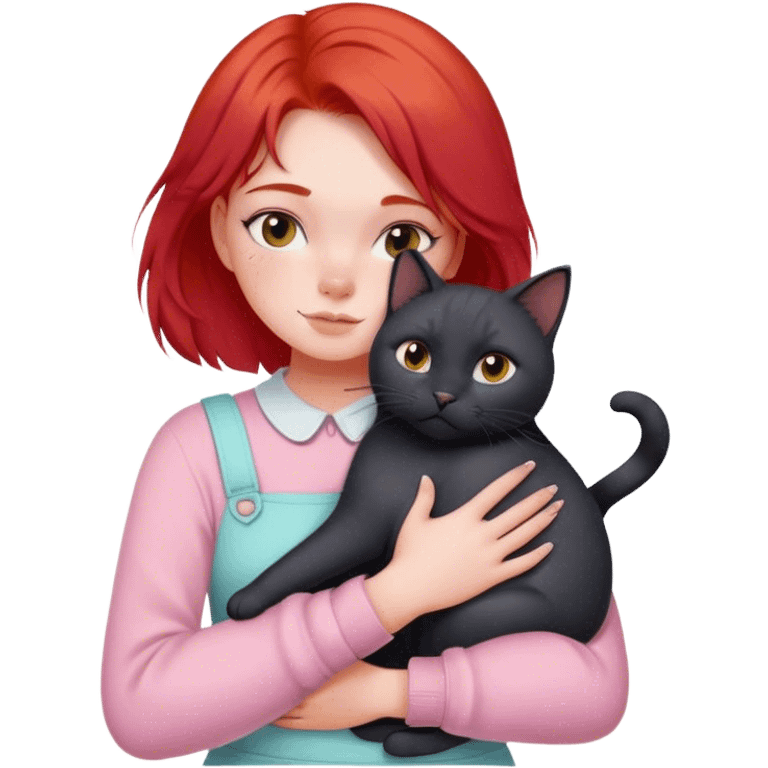 
a girl with red hair in pastel clothes hugs a black British cat emoji