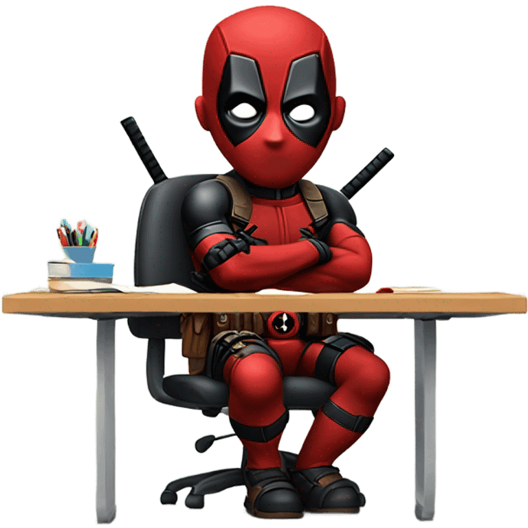 Cute Deadpool sitting at a desk, front view emoji