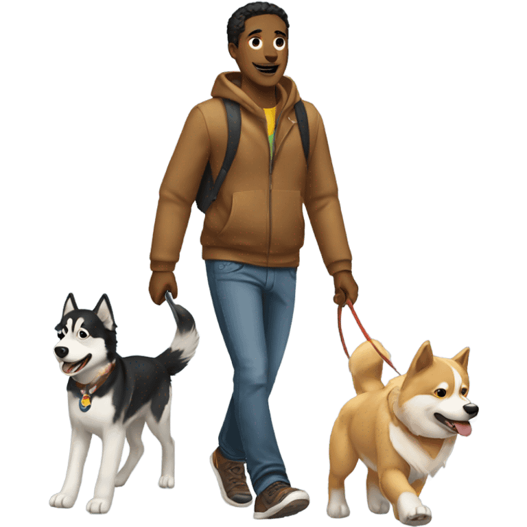 Man, walking a golden retriever and a husky emoji