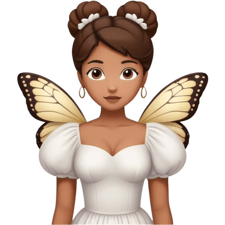 Brown skinned Filipina woman in white butterfly puffy sleeved dress with her brown hair in a bun  emoji