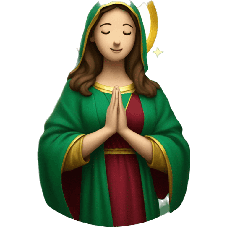 Virgin Mary: kind face looking down at the left, long brown hair, Wearing an emerald green  robe with gold stars and a burgundy red dress,  Hands in prayer or blessing. Halo around her head. standing on a crescent moon.  emoji