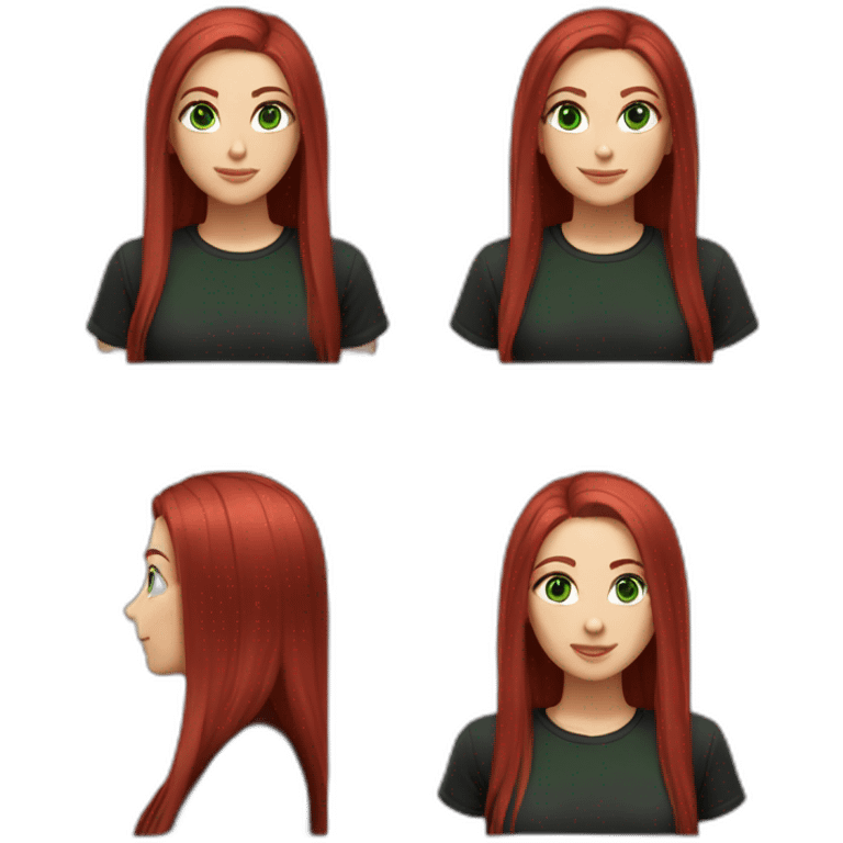 woman, long straight ruby hair, white skin, green eyes, black tshirt emoji