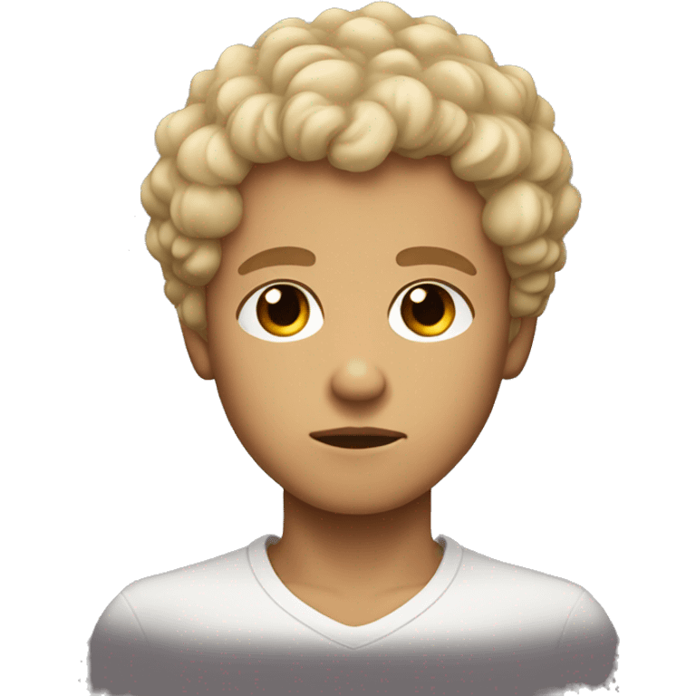 black eyes, very very curly blonde short hair boy, serious face, tan skin emoji