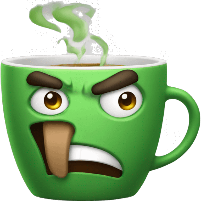 Green coffee cup that is angry emoji