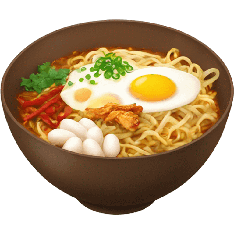 Hot noodles in a brown bowl with eggs chili and chicken  emoji