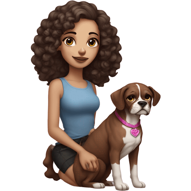 Beautiful tattooed curly dark brown haired woman holding a boxer dog and pink sphinx with blue eyes emoji