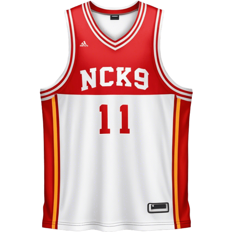 Cinematic Realistic image of a basketball jersey rendered in bold team colors with finely textured fabric and realistic creases, set against an energetic court backdrop with bright, dynamic lighting emoji