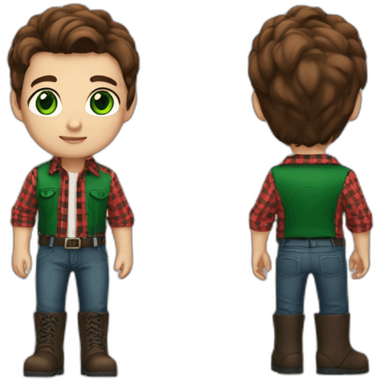 cropped brown hair, square-shaped head, green eyes, red-black checkered shirt, steel-toed boots emoji