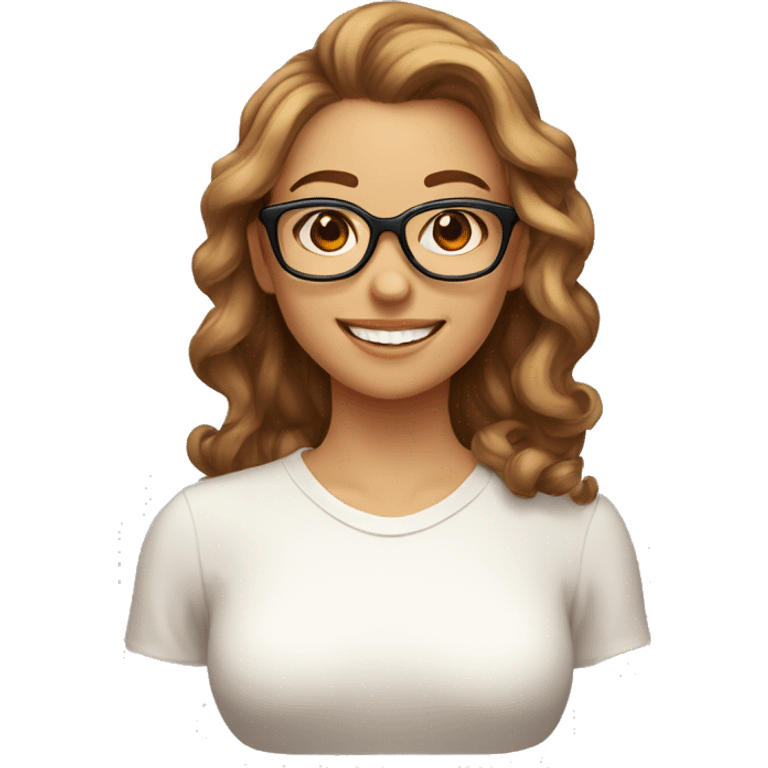 person with light brown hair with a pronounced bust, updo hairstyle with red glasses, perfect smile, smiling in profile, with thoughts of chemistry emoji