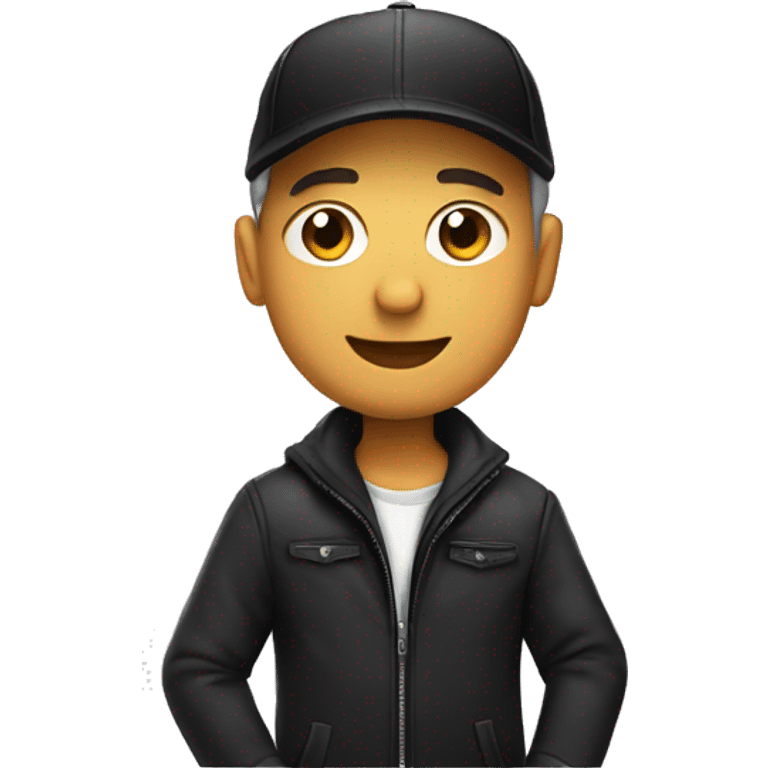 man putting on a cap with a black jacket emoji