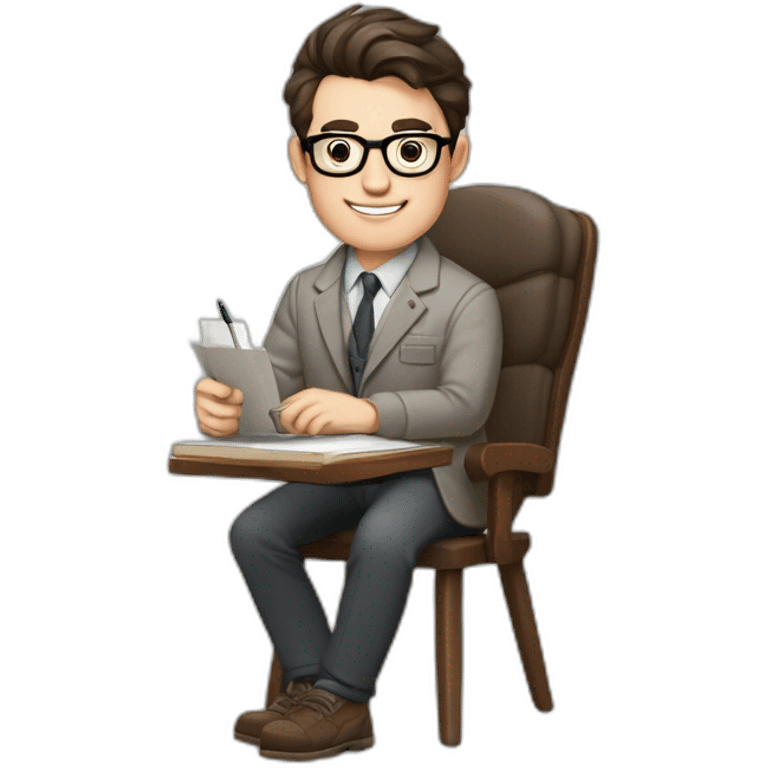 Pale skinned Fit Man With dark brown hair in gray jacket, beige office shirt and vintage glasses sitting In a soft chair with a notebook with emblem Ψ and a pen in his hands emoji