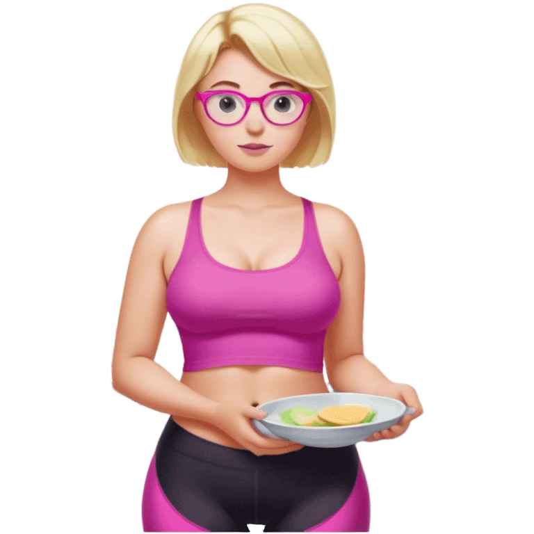 Curvy fair and freckled skinned woman, short blond hair, small light purple reading glasses, washing dishes, short flowing sheer hot pink tank top, without undergarments SFW, black yoga pants, thick booty emoji