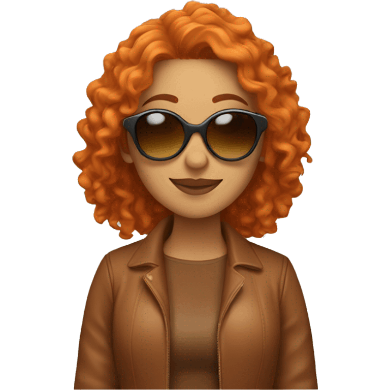 A Latina with curly, orange hair wearing a brown jacket and orange shirt and orange sunglasses waving. emoji