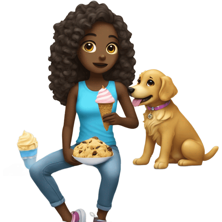 A girl with a golden retriever eating ice cream she has curly hair her skin is black emoji