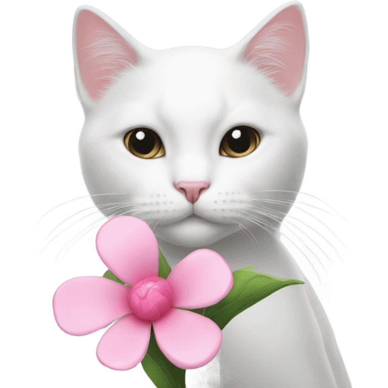 White cat holding a pink flower emoji