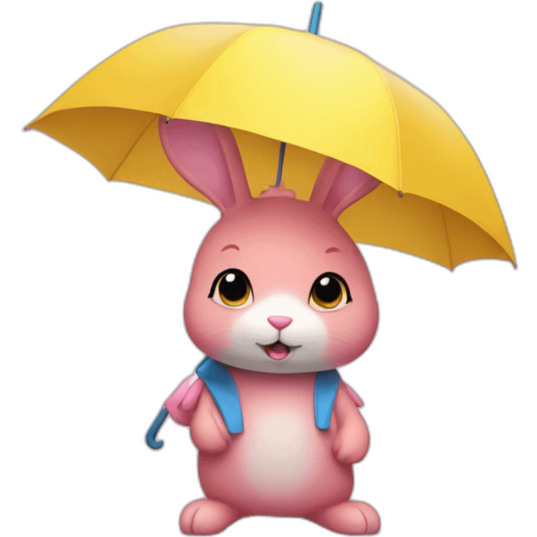 Pink rabbit wearing yellow tee shirt and blue umbrella emoji