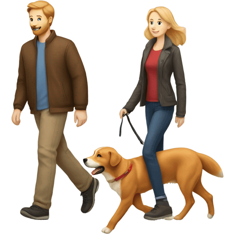 man walking fox red Labrador and woman walking English cream retriever emoji