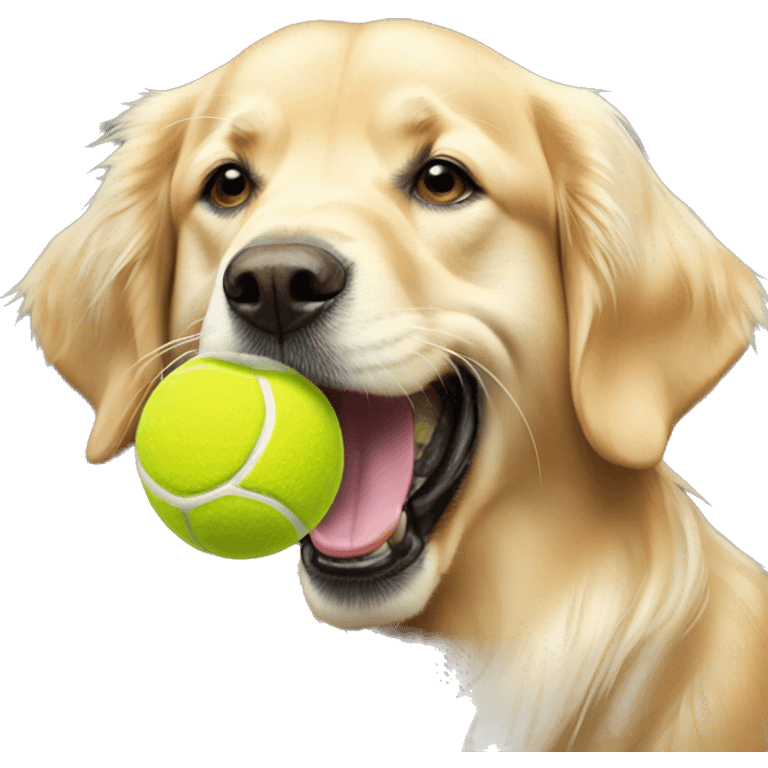 english cream golden retriever holding tennis ball in mouth emoji